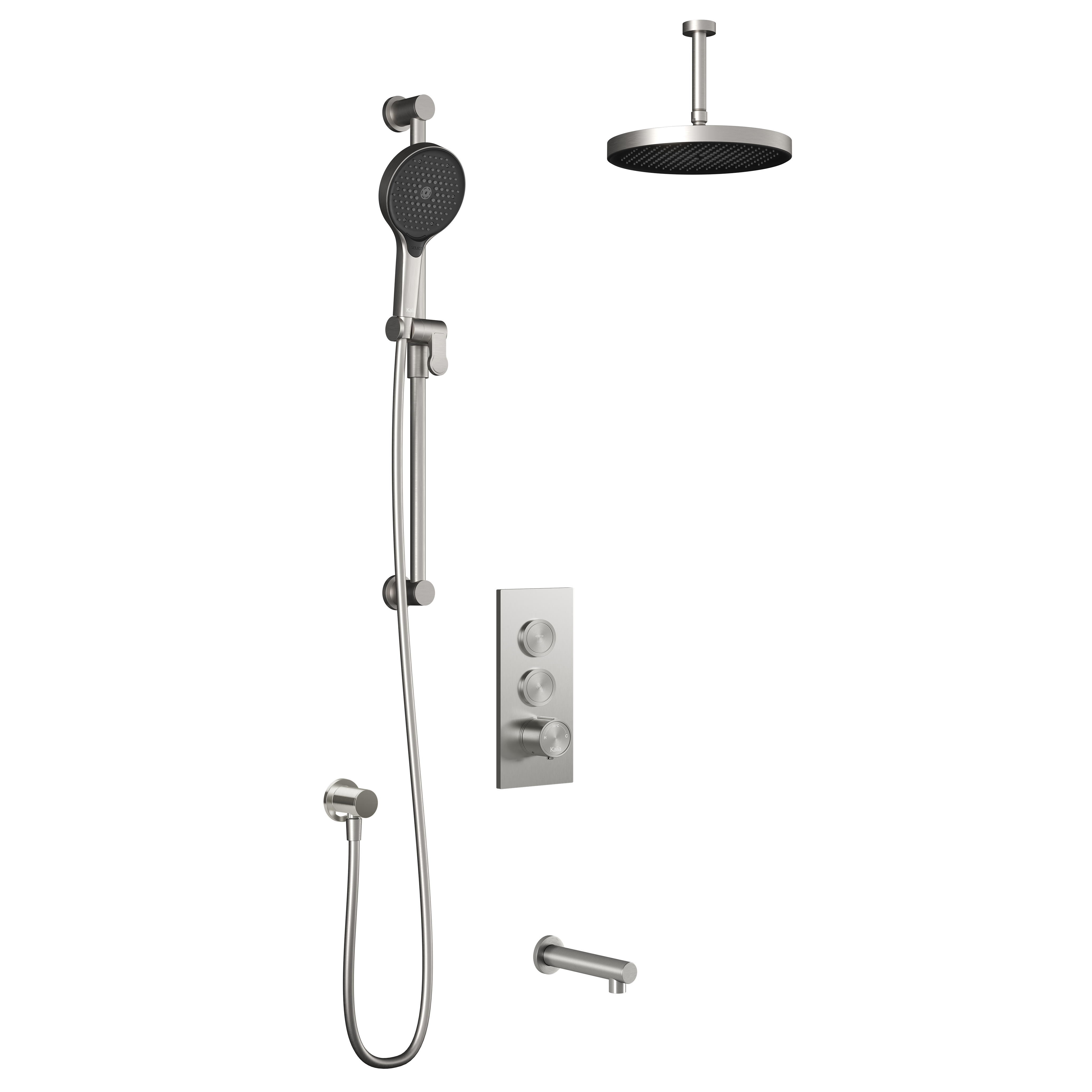 RoundOne™ TB3 PLUS : Système de Douche T/P AQUATONIK™ Boutons-Poussoirs avec Bras Vertical Nickel Pur PVS