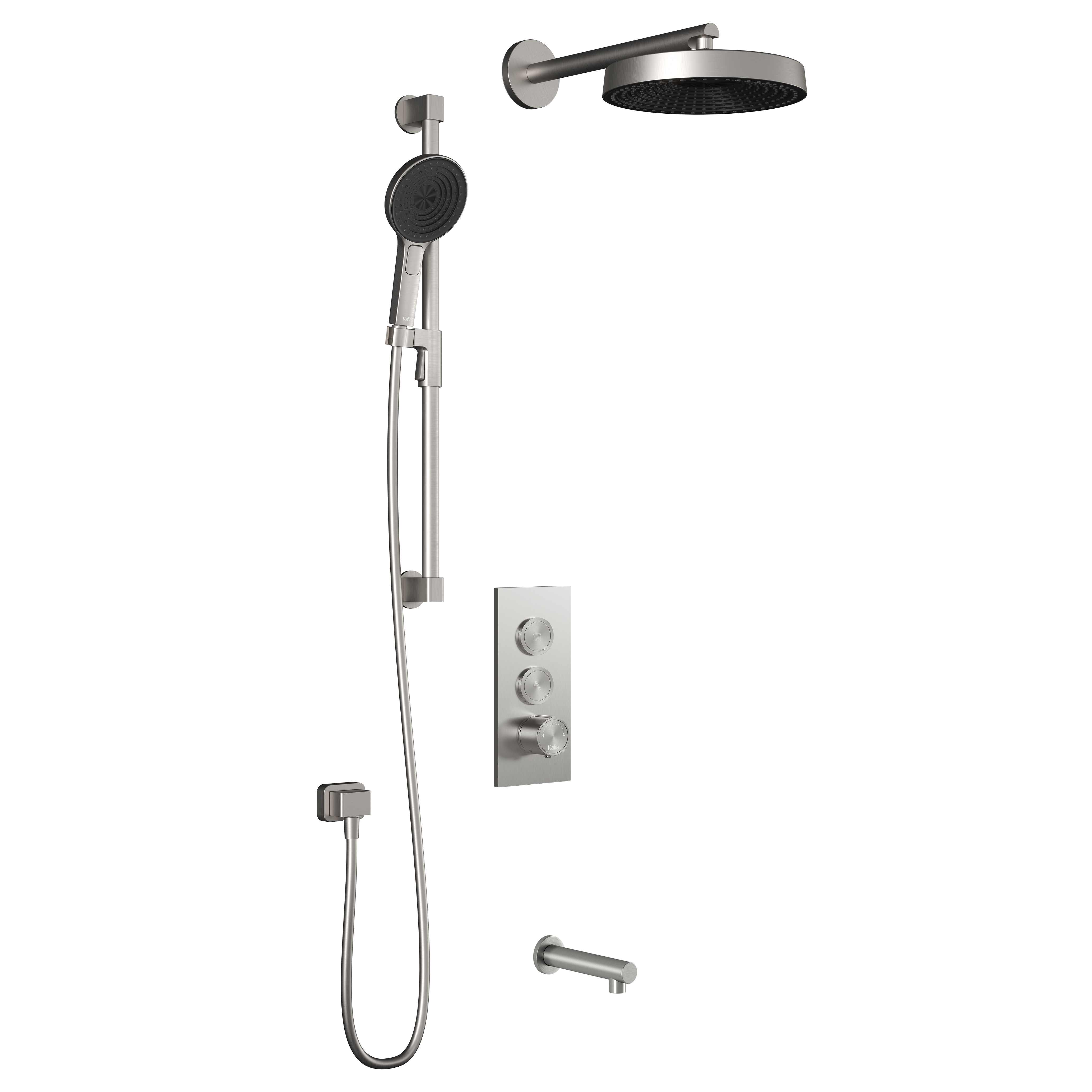 RoundOne™ TB3 PREMIA : Système de Douche T/P AQUATONIK™ Boutons-Poussoirs avec Bras Mural Nickel Pur PVS