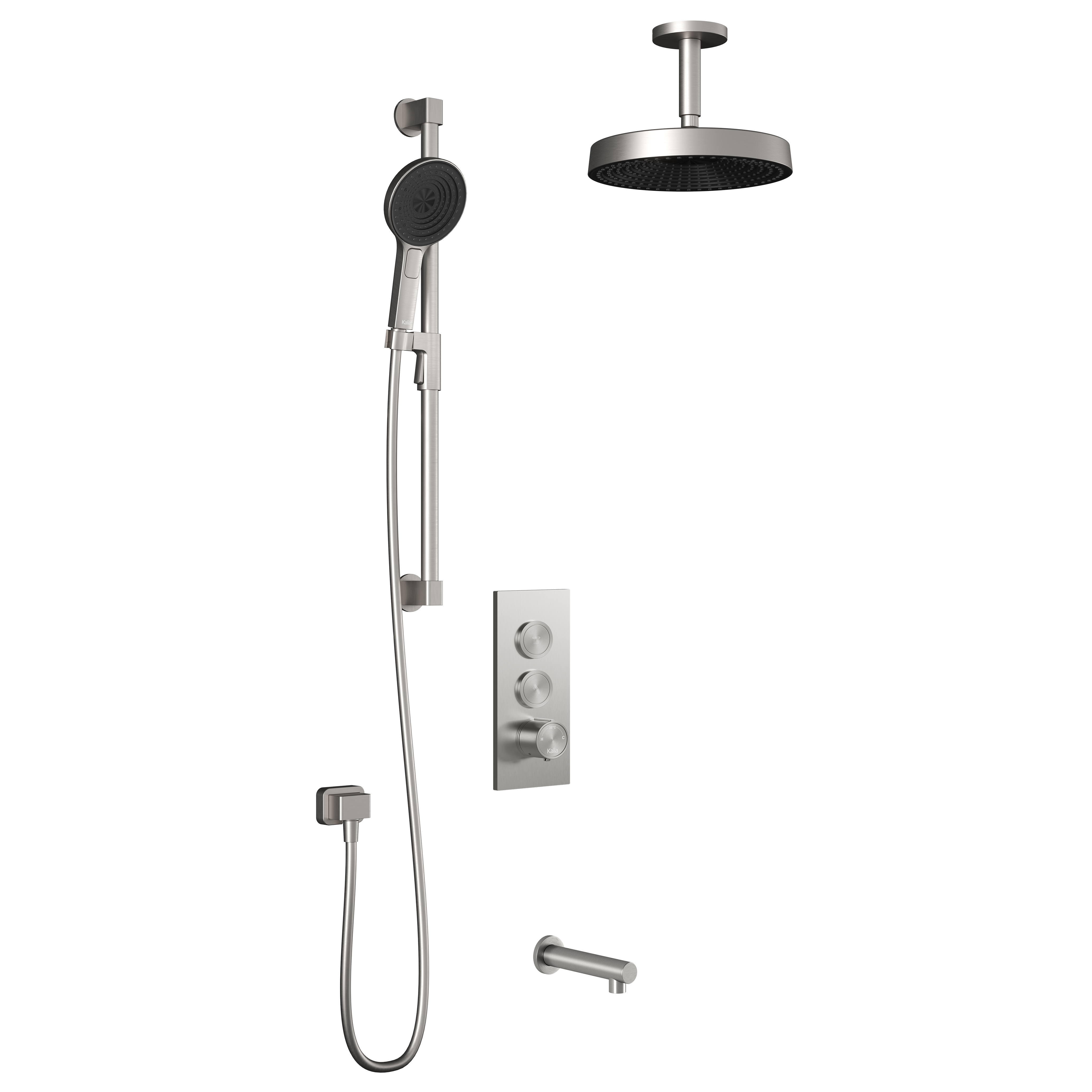 RoundOne™ TB3 PREMIA : Système de Douche T/P AQUATONIK™ Boutons-Poussoirs avec Bras Vertical Nickel Pur PVS
