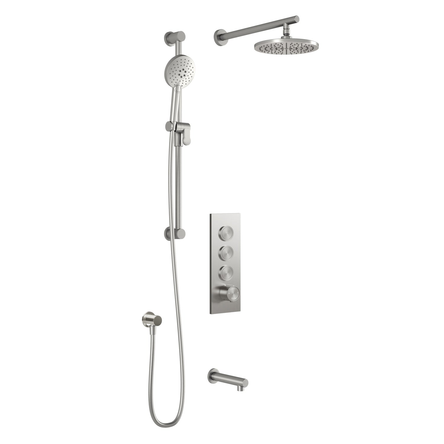RoundOne™ TB3 : Système de Douche T/P AQUATONIK™ Boutons-Poussoirs avec Bras Mural Nickel Pur PVS