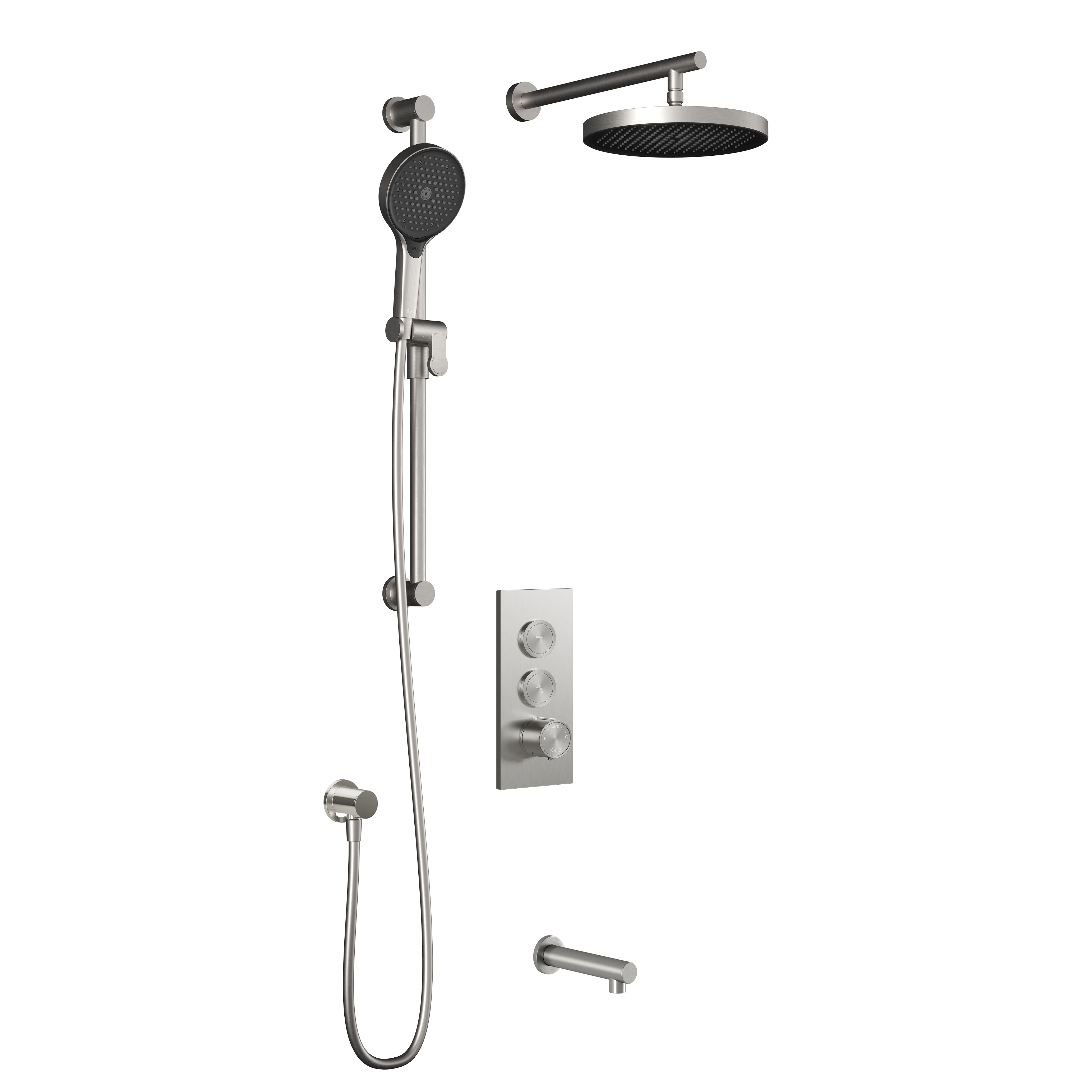 RoundOne™ TB3 PLUS (Valve Non Incluse) : Système de Douche T/P AQUATONIK™ Boutons-Poussoirs avec Bras Mural Nickel Pur PVS