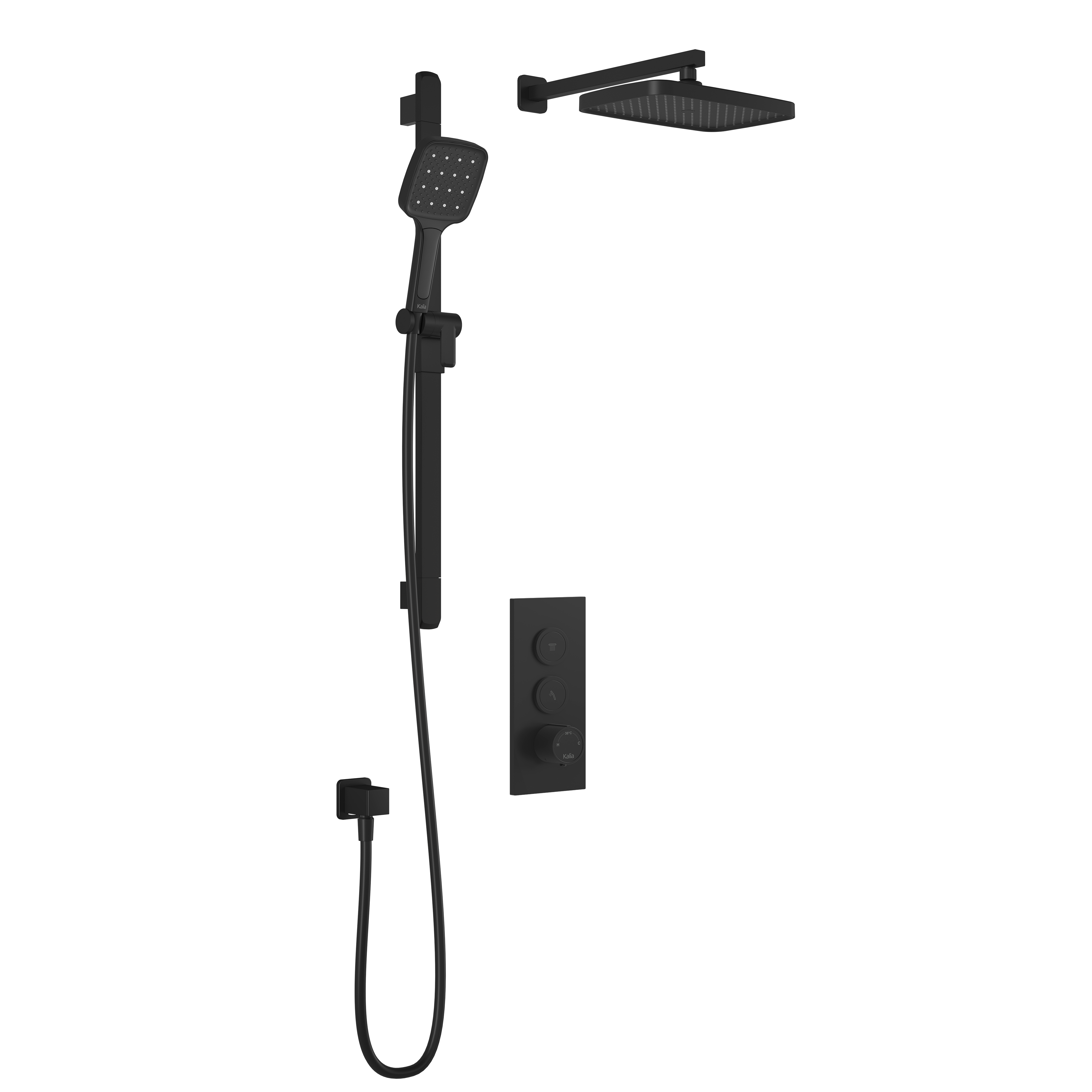 SquareOne™ TB2 PLUS (Valve Non Incluse) : Système de Douche T/P AQUATONIK™ Boutons-Poussoirs avec Bras Mural Noir Mat
