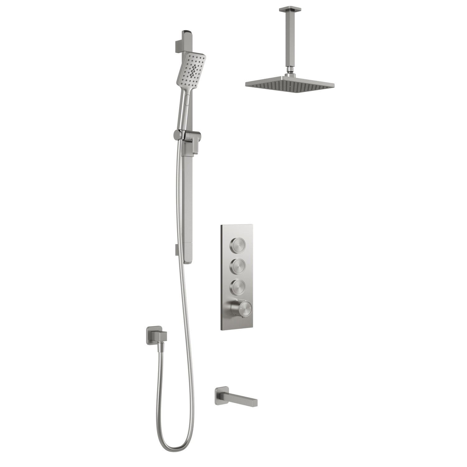 SquareOne™ TB3 (Valve Non Incluse) : Système de Douche T/P AQUATONIK™ Boutons-Poussoirs avec Bras Vertical Nickel Pur PVS
