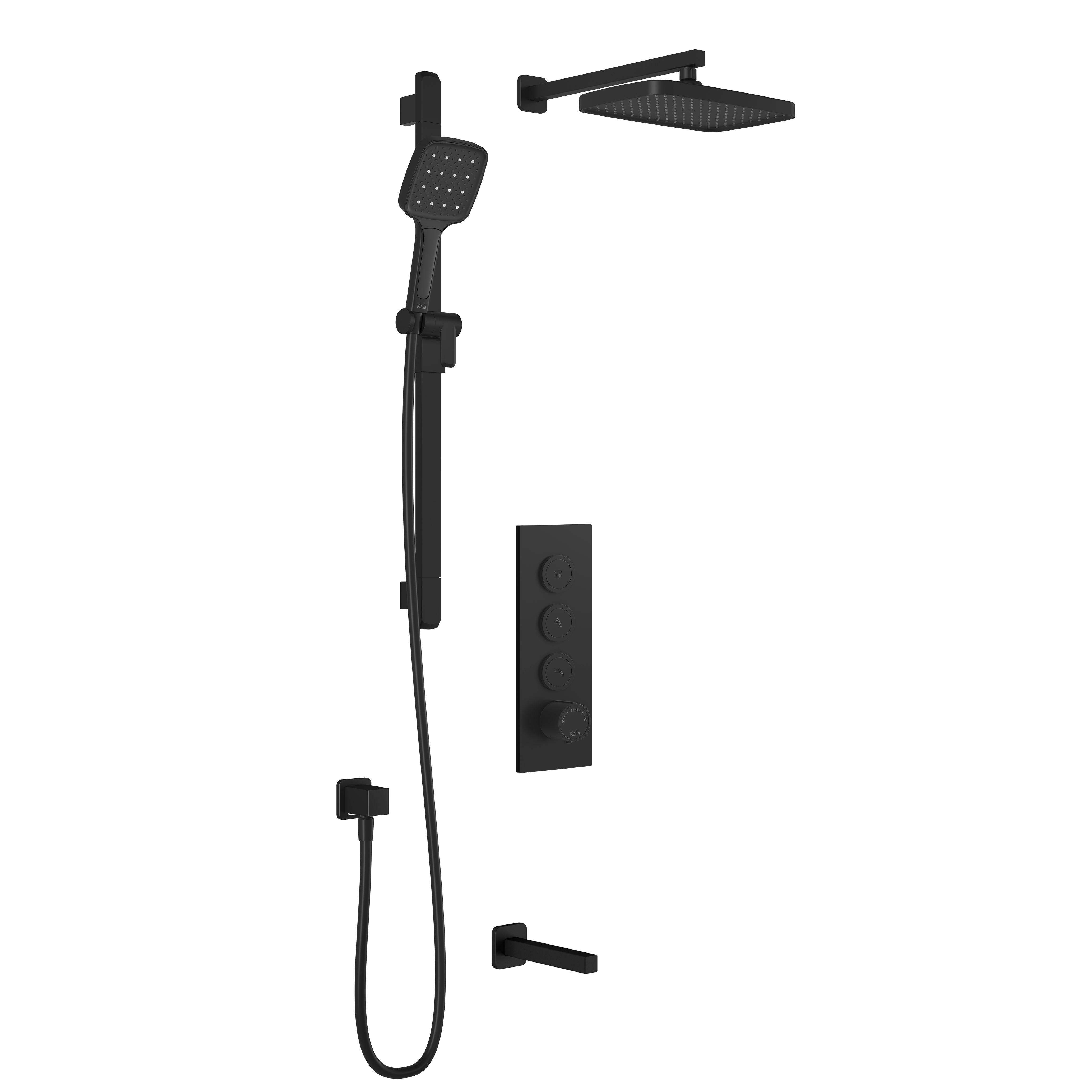 SquareOne™ TB3 PLUS (Valve Non Incluse) : Système de Douche T/P AQUATONIK™ Boutons-Poussoirs avec Bras Mural Noir Mat
