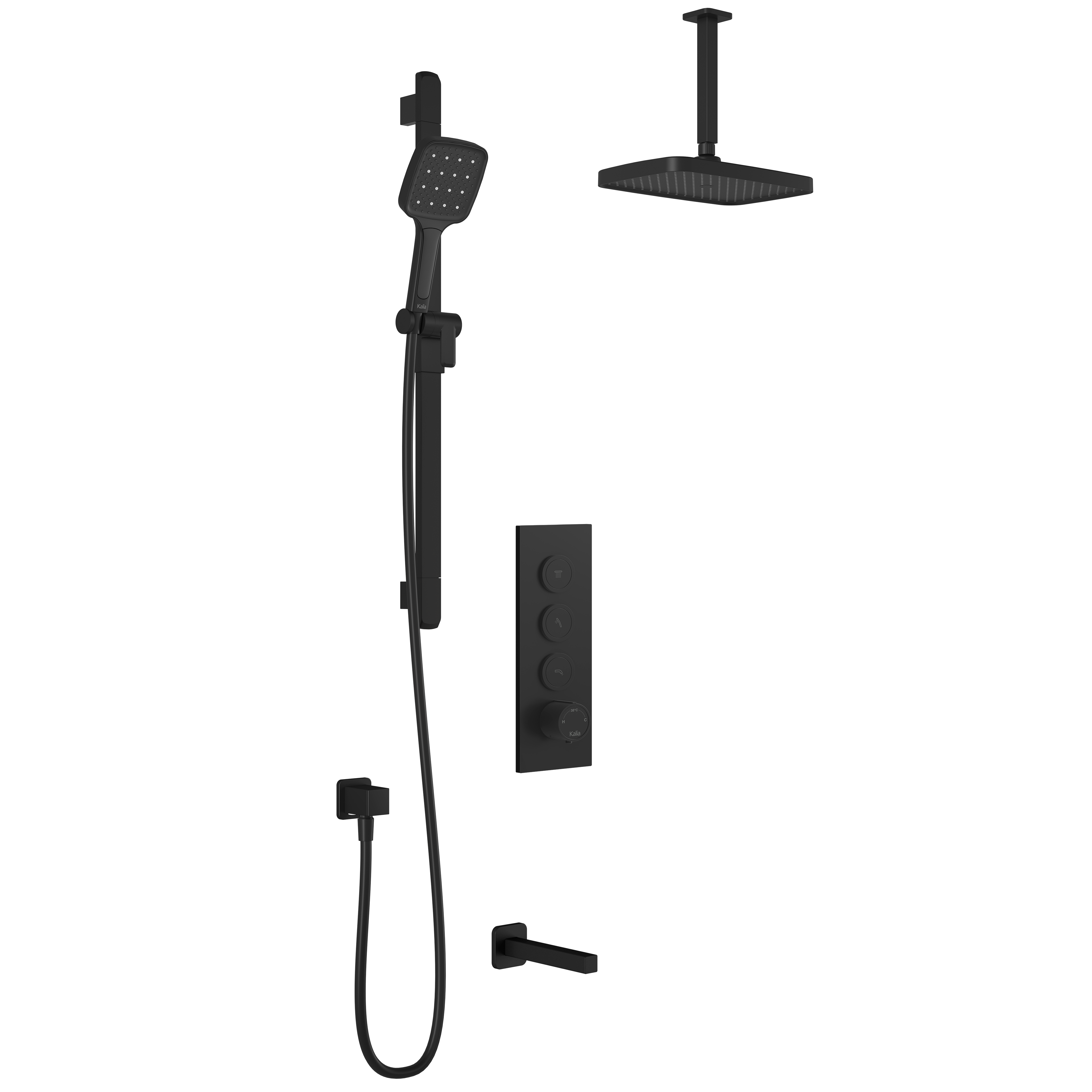 SquareOne™ TB3 PLUS (Valve Non Incluse) : Système de Douche T/P AQUATONIK™ Boutons-Poussoirs avec Bras Vertical Noir Mat