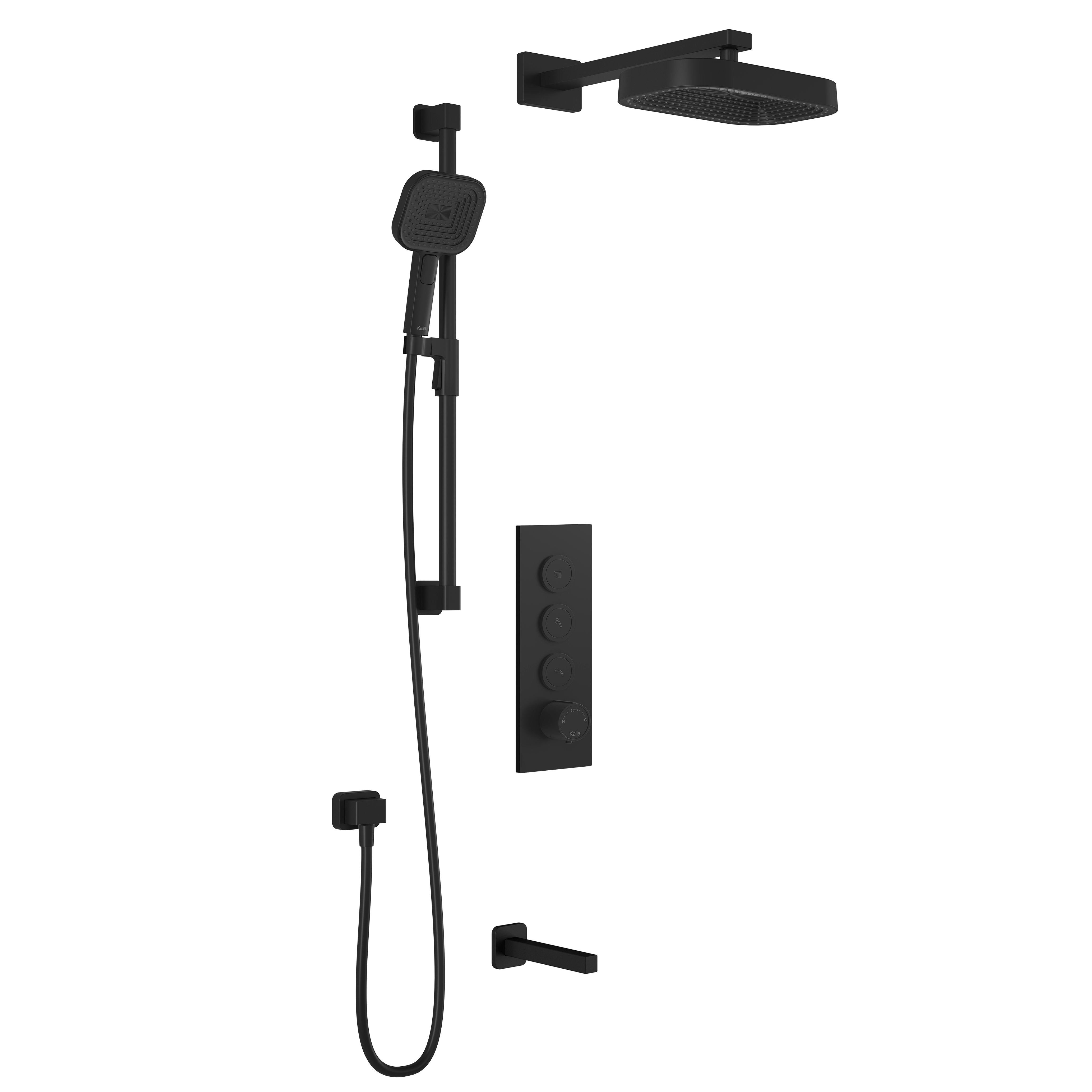 SquareOne™ TB3 PREMIA (Valve Non Incluse) : Système de Douche T/P AQUATONIK™ Boutons-Poussoirs avec Bras Mural Noir Mat