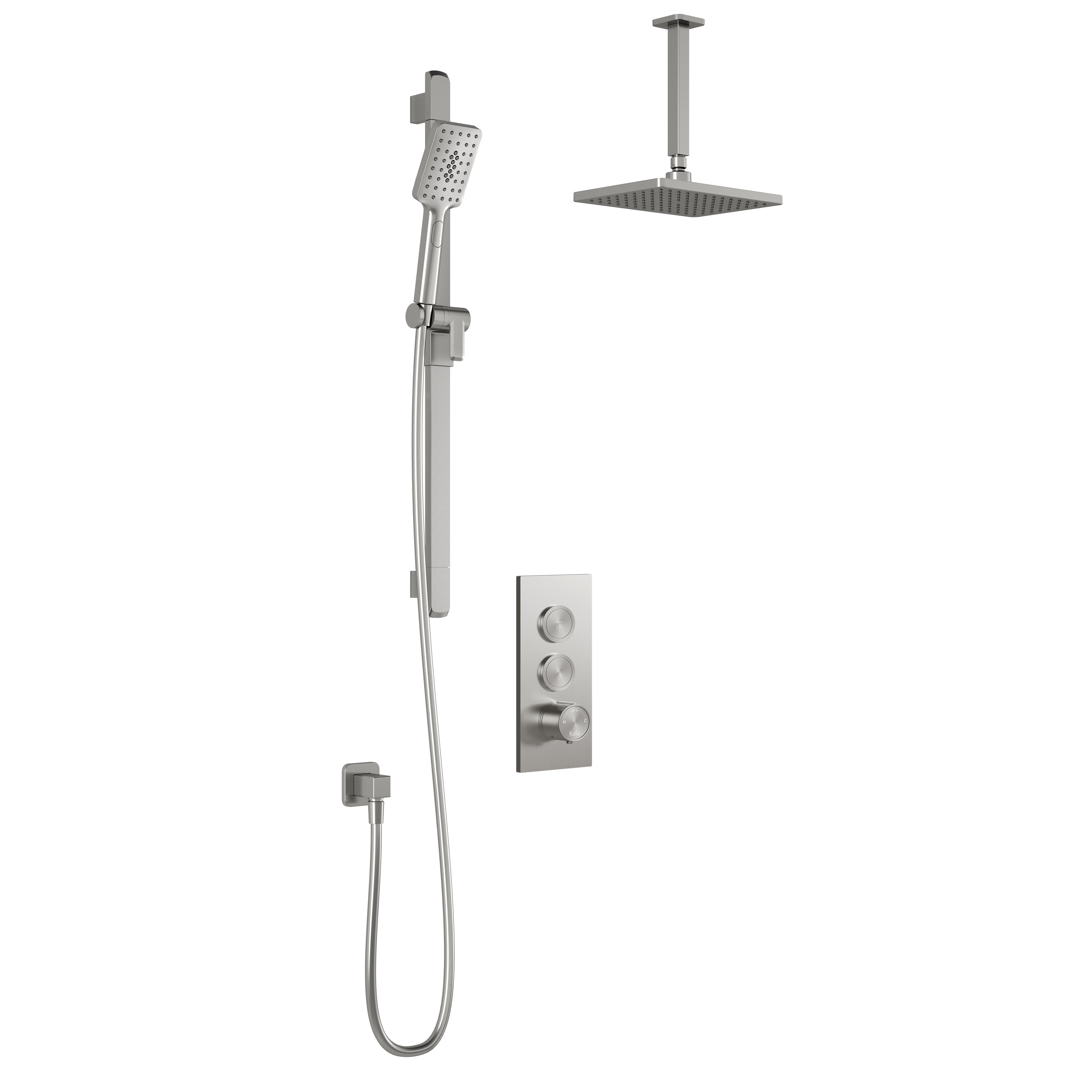 MOROKA™ TB2 (Valve Non Incluse) : Système de Douche T/P AQUATONIK™ Boutons-Poussoirs avec Bras Vertical Nickel Pur