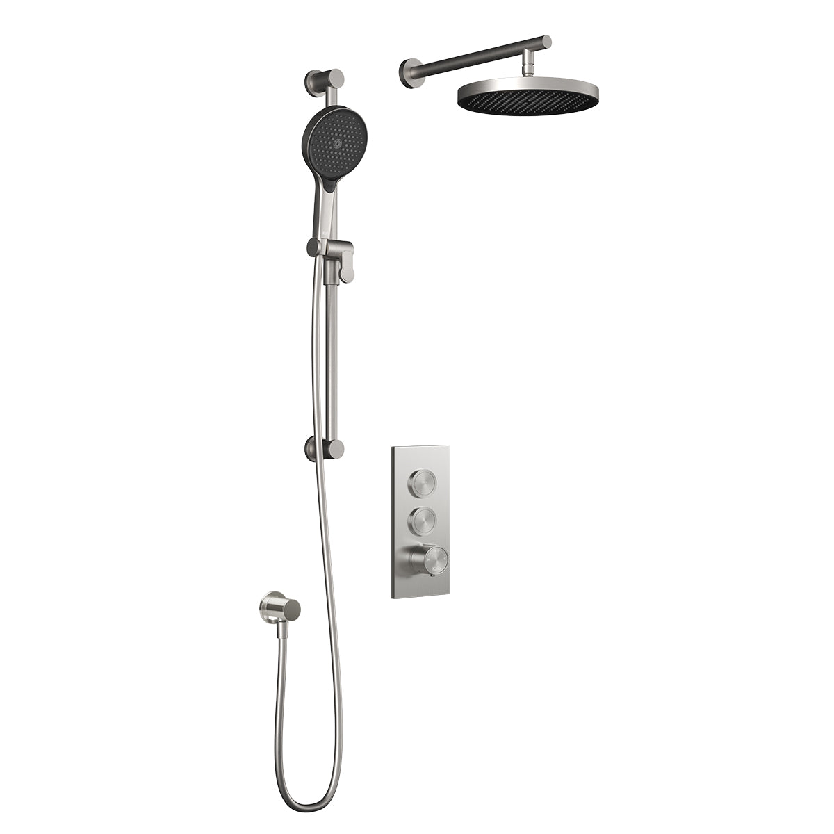 MOROKA™ TB2 PLUS (Valve Non Incluse) : Système de Douche T/P AQUATONIK™ Boutons-Poussoirs avec Bras Mural Nickel Pur