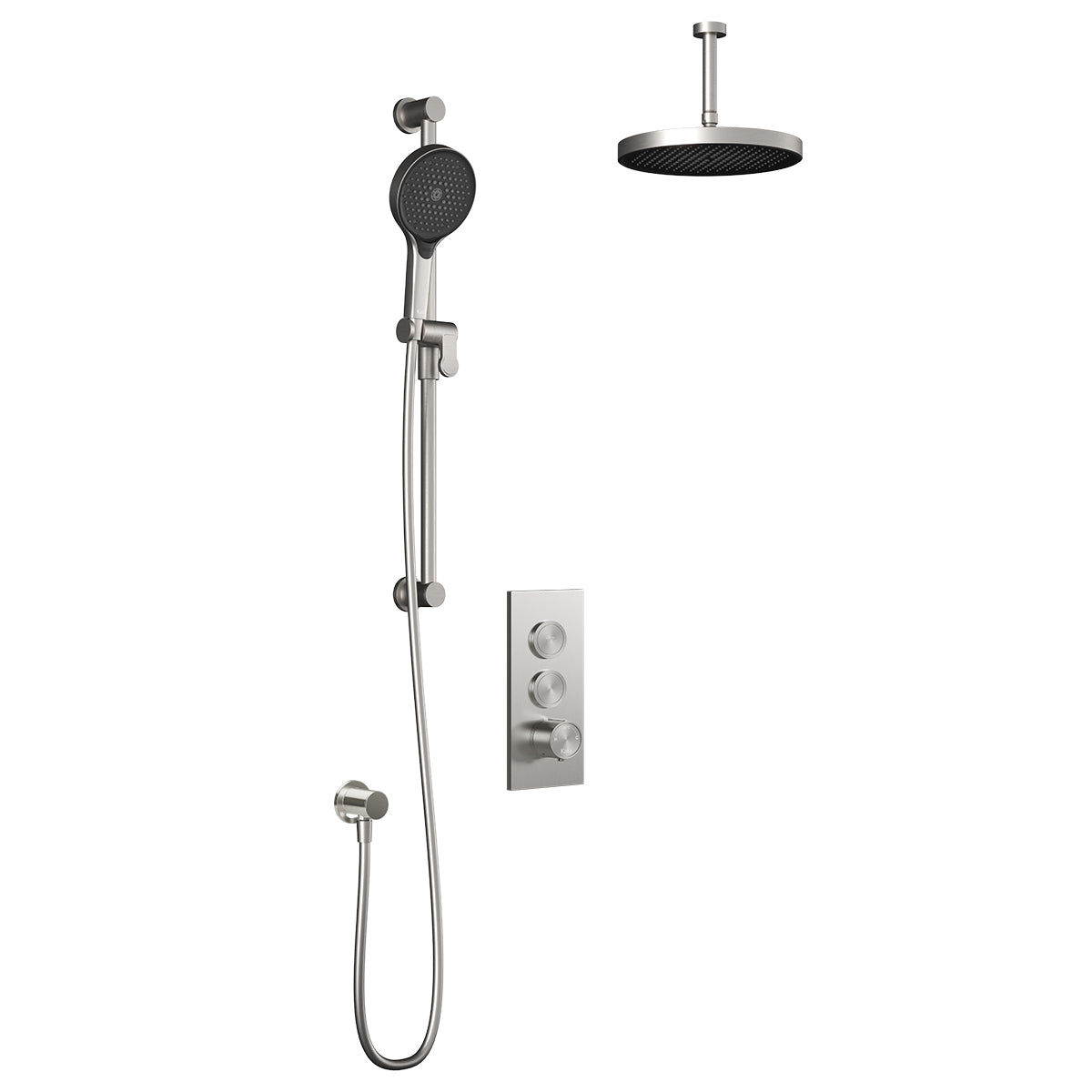 MOROKA™ TB2 PLUS (Valve Non Incluse) : Système de Douche T/P AQUATONIK™ Boutons-Poussoirs avec Bras Vertical Nickel Pur