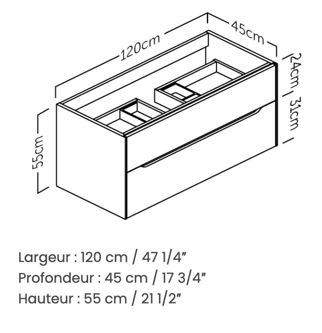 Vanité murale deux tiroirs Bogatell 80cm, 100cm et 120cm