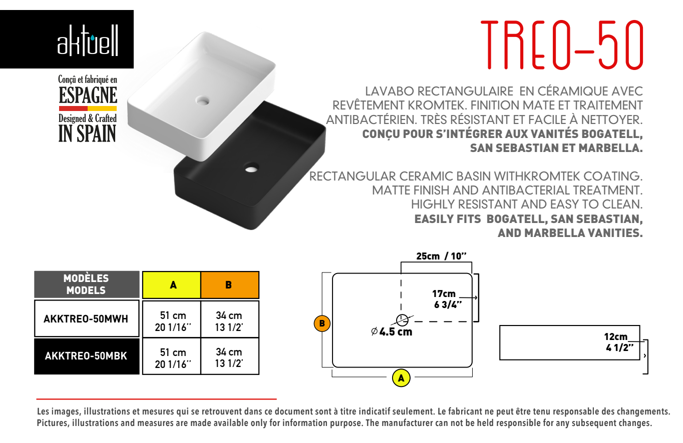 Lavabo rectangulaire TRÉO-50 de type vasque en céramique