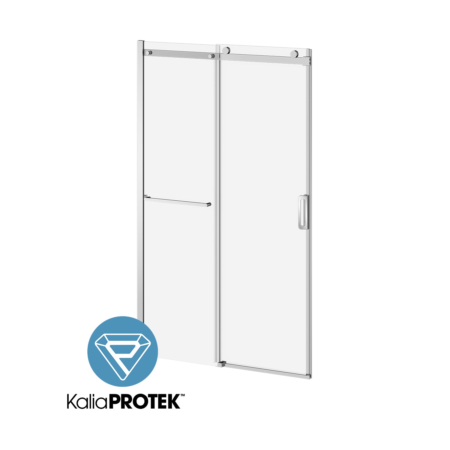 K3™ BARRE À SERVIETTE et KaliaProtek™Porte de Douche Coulissante en Alcôve Panneaux Fixe et Mobile 48''x77'' (Réversible) Chrome Verre Clair Avec Film