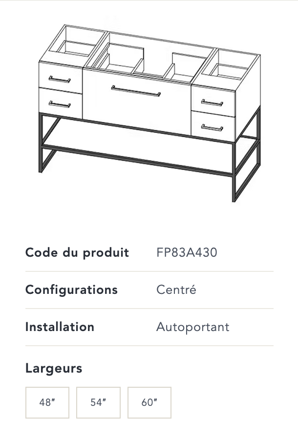Meuble-lavabo Fuzion. Plusieurs grandeurs et finis sont disponibles pour ces vanités.  Prix disponible en boutique.