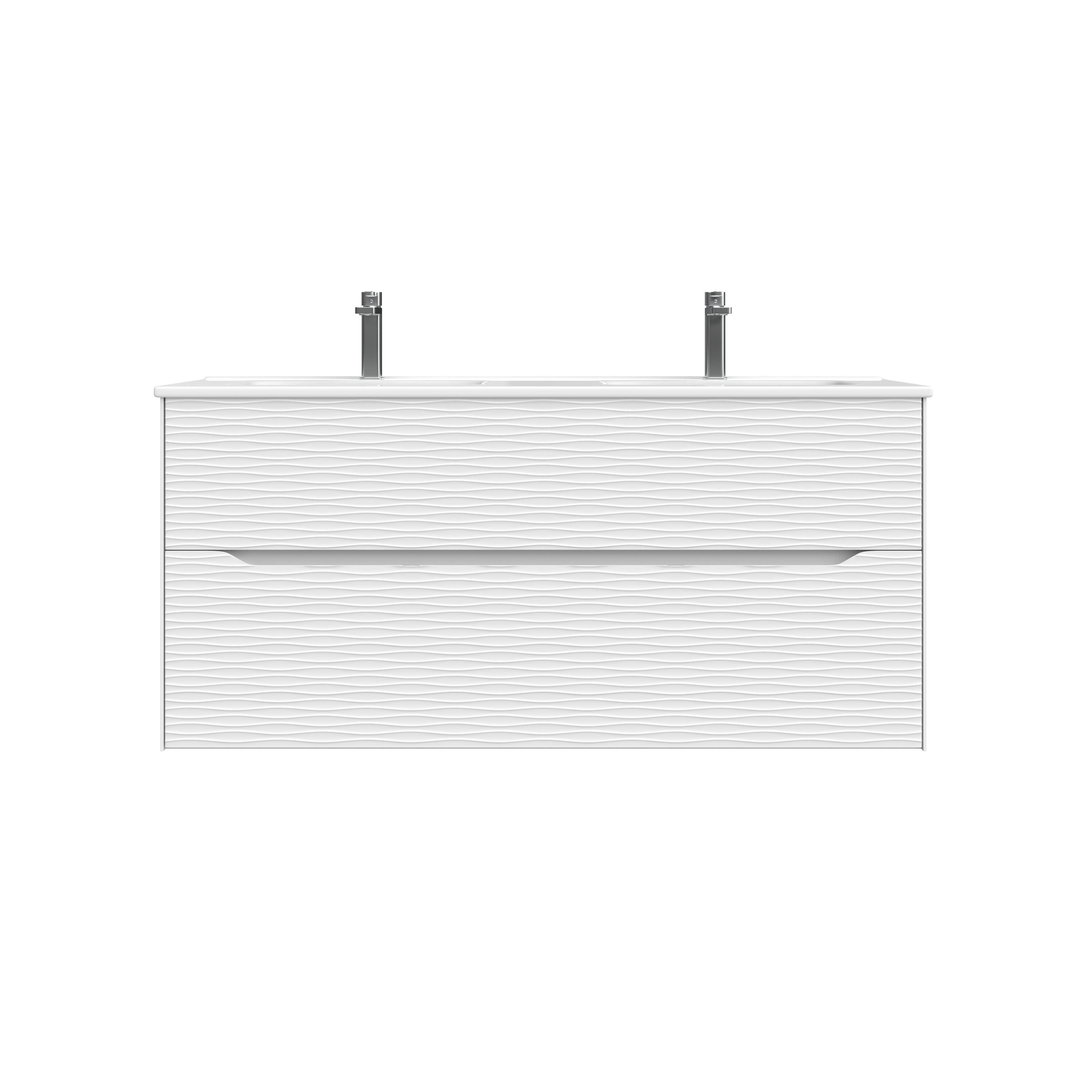 Vanité murale 120cm avec deux lavabos intégérés pleine surface.