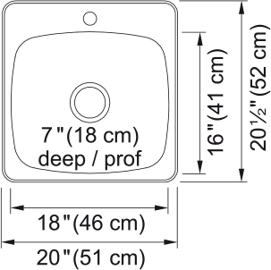 Reginox Single Bowl Inset Stainless Steel Kitchen Sink with 1 Faucet Hole, 20.13" x 20.56".