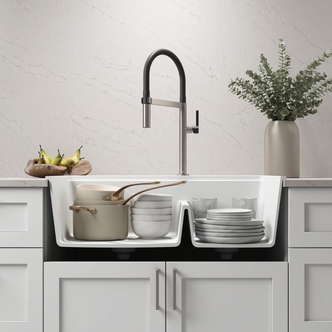 BACIA 33 Évier de Cuisine Granistone 33'' Cuve Double 70/30 avec Drain Inox et Tapis en Silicone pour Installation Sous-Plan Noir Onyx
