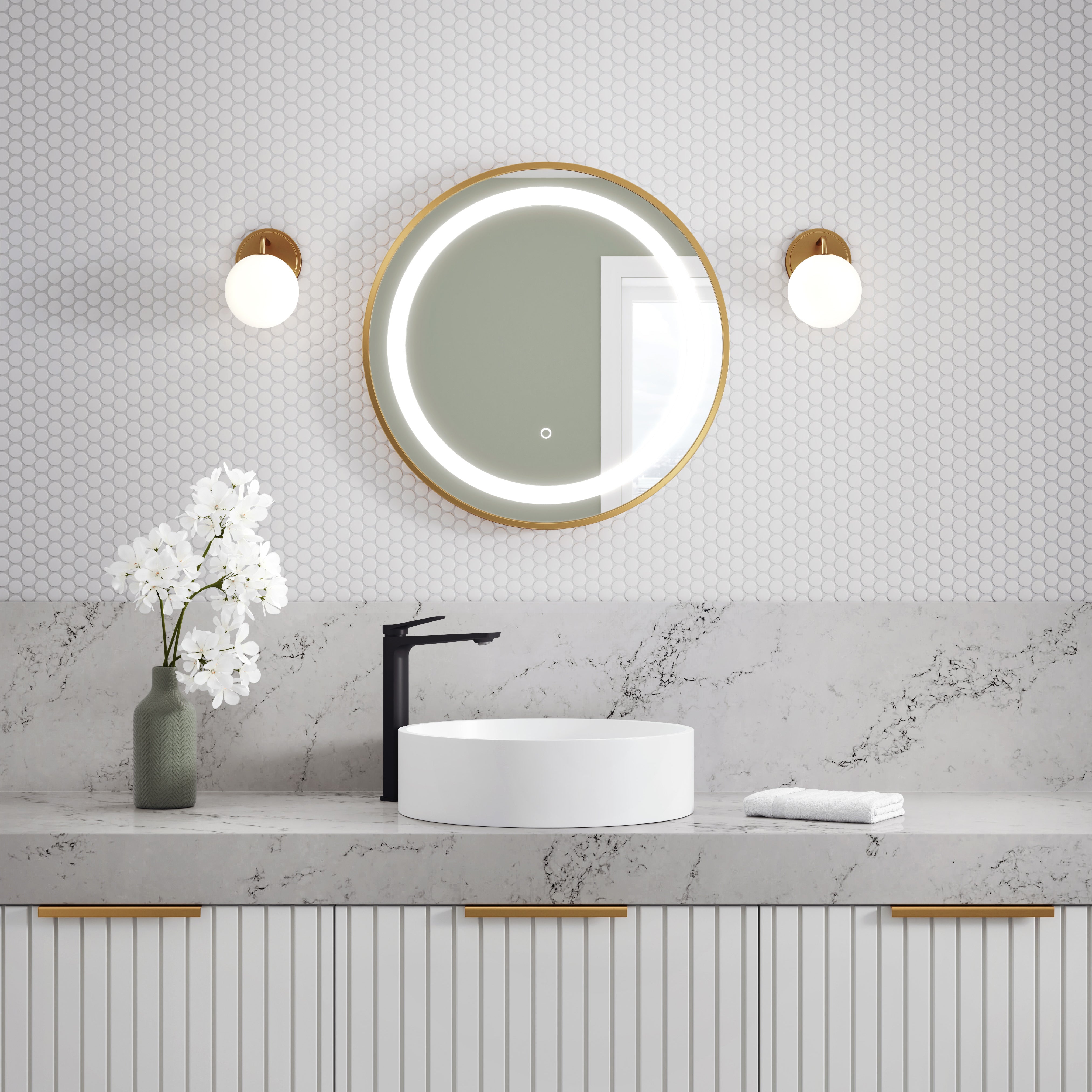 EFFECT Miroir Rond à Éclairage DEL avec Bande Givrée, Cadre Or Brossé et Interrupteur Tactile pour Contrôle de Température de Couleur Ø24 x 1¾