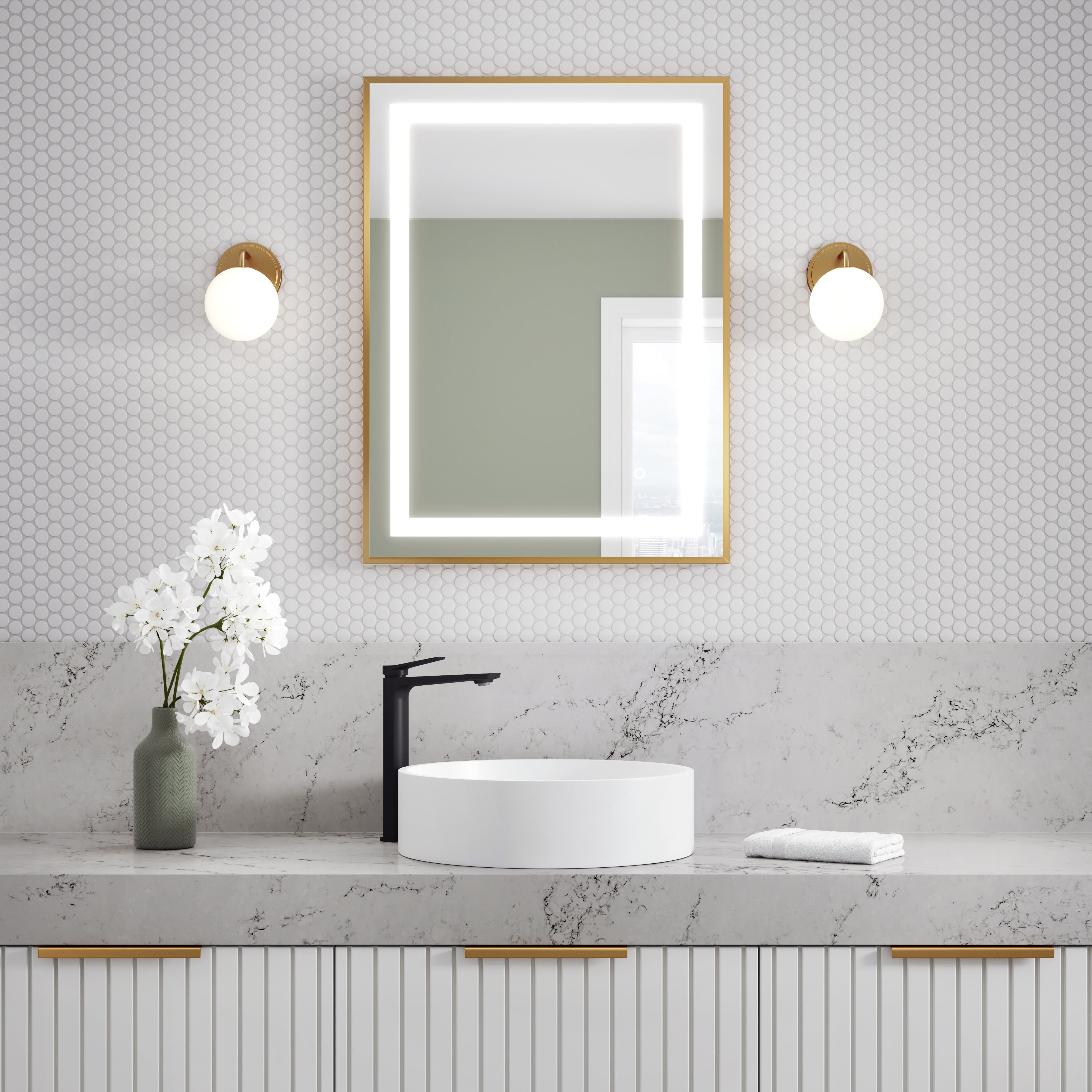 EFFECT Miroir Rectangulaire à Éclairage DEL avec Bande Givrée, Cadre Or Brossé et Interrupteur Tactile pour Contrôle de Température de Couleur 24 x 32 x 1⅝