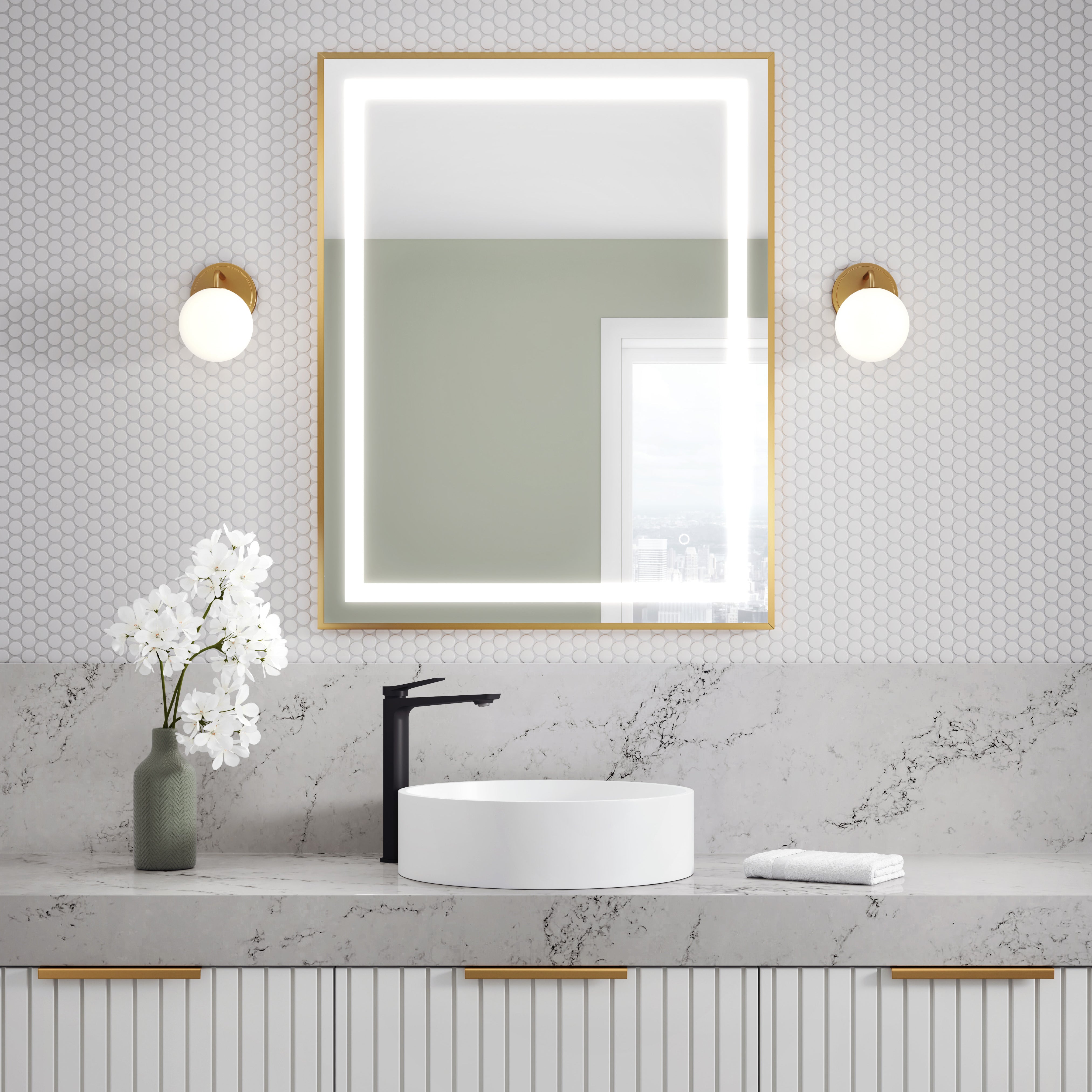 EFFECT Miroir Rectangulaire à Éclairage DEL avec Bande Givrée, Cadre Or Brossé et Interrupteur Tactile pour Contrôle de Température de Couleur 30 x 38 x 1⅝