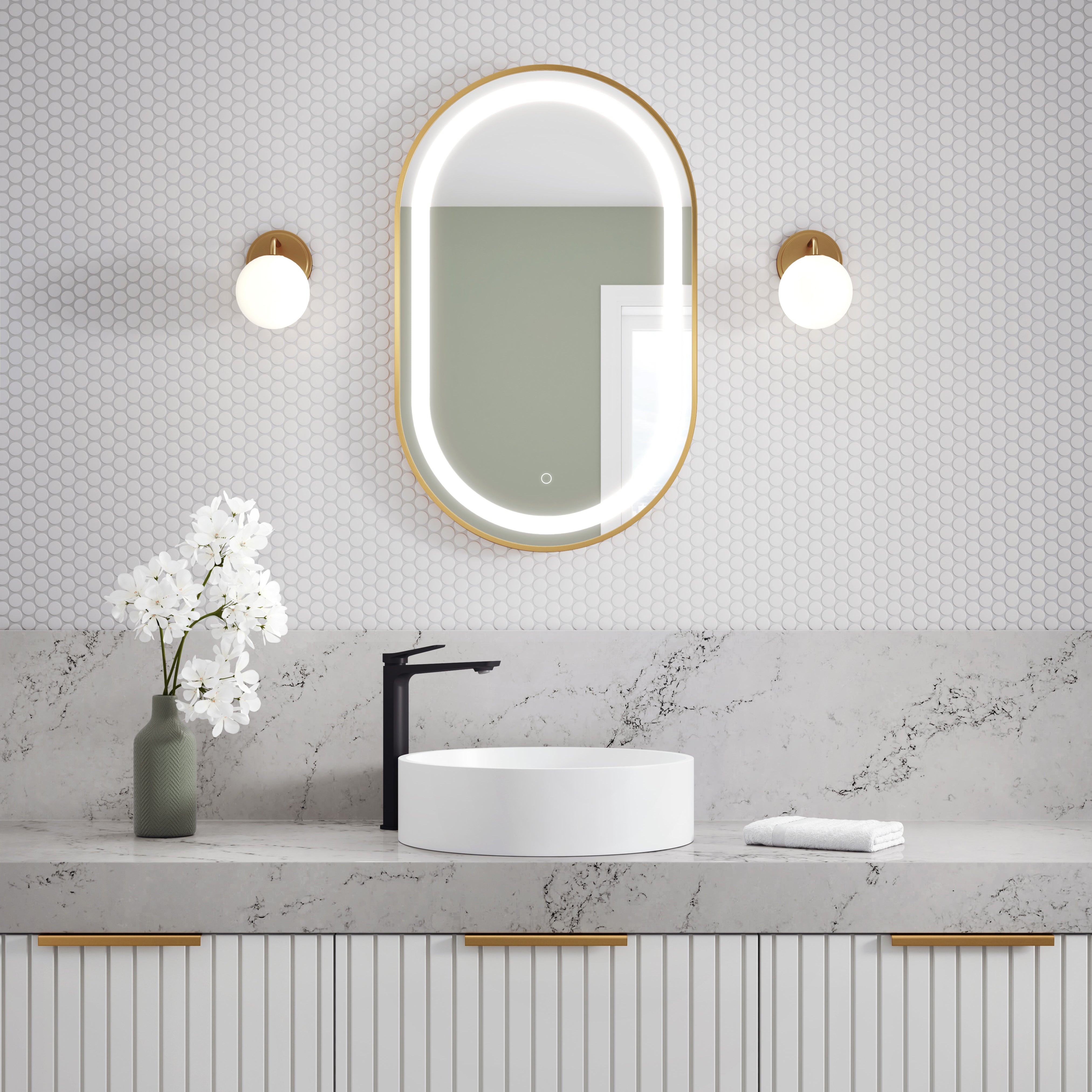 EFFECT Oblongue Miroir Cadré Or Brossé de Forme Oblongue à Éclairage DEL avec Bande Givrée et Interrupteur Tactile pour Contrôle de Température de Couleur 20 x 32 x 1¾