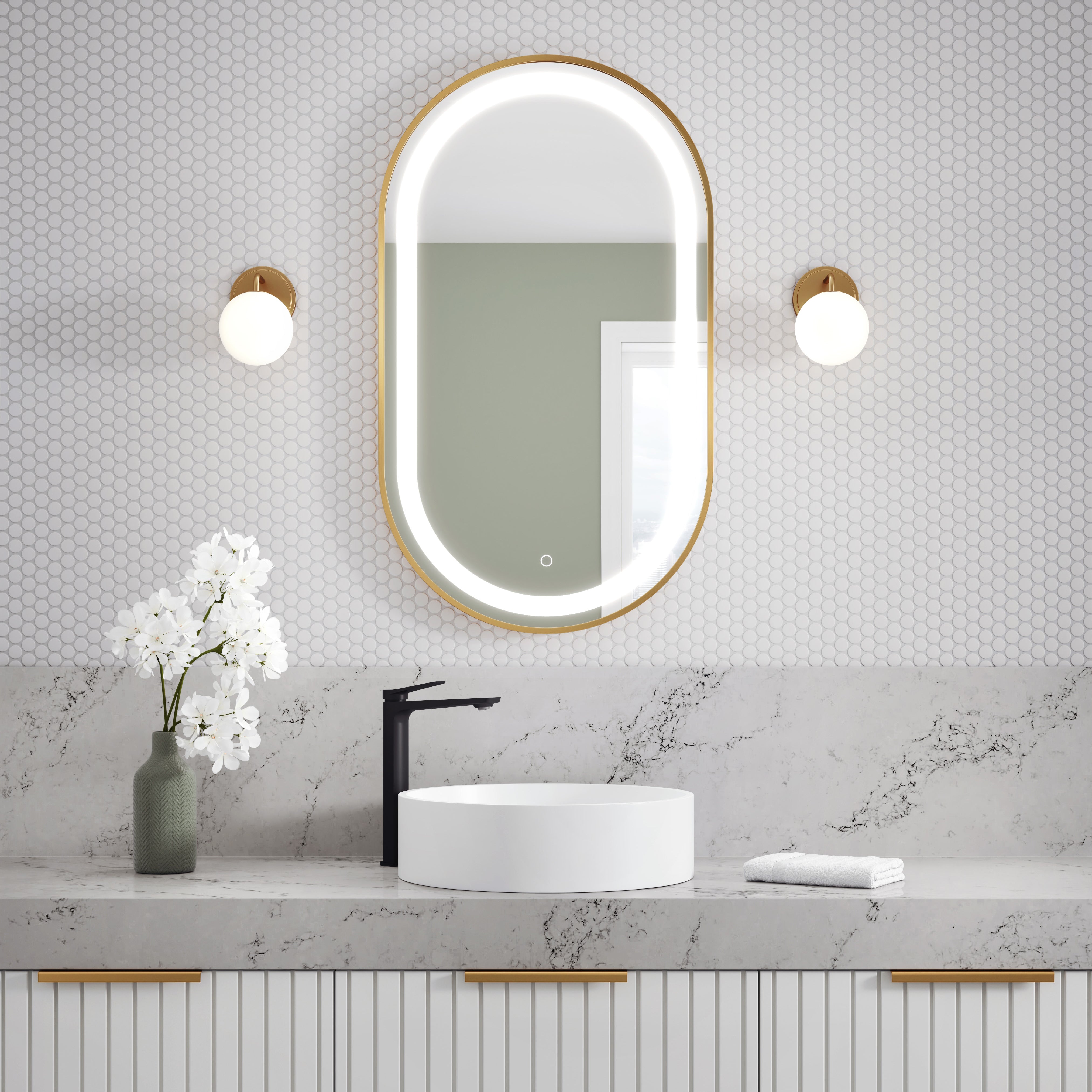 EFFECT Oblongue Miroir Cadré Or Brossé de Forme Oblongue à Éclairage DEL avec Bande Givrée et Interrupteur Tactile pour Contrôle de Température de Couleur 22 x 38 x 1¾