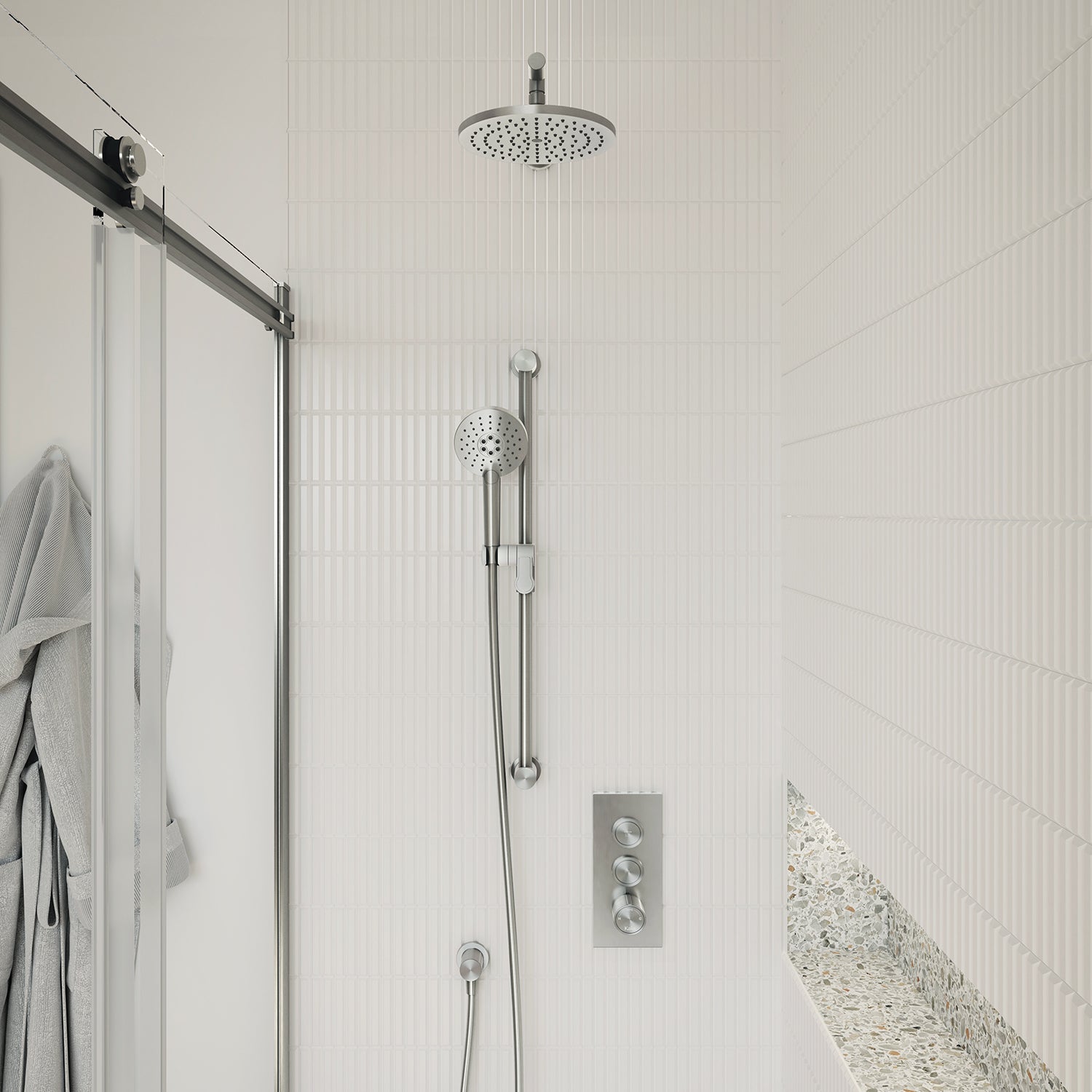 RoundOne™ TB2 (Valve Non Incluse) : Système de Douche T/P AQUATONIK™ Boutons-Poussoirs avec Bras Mural Chrome
