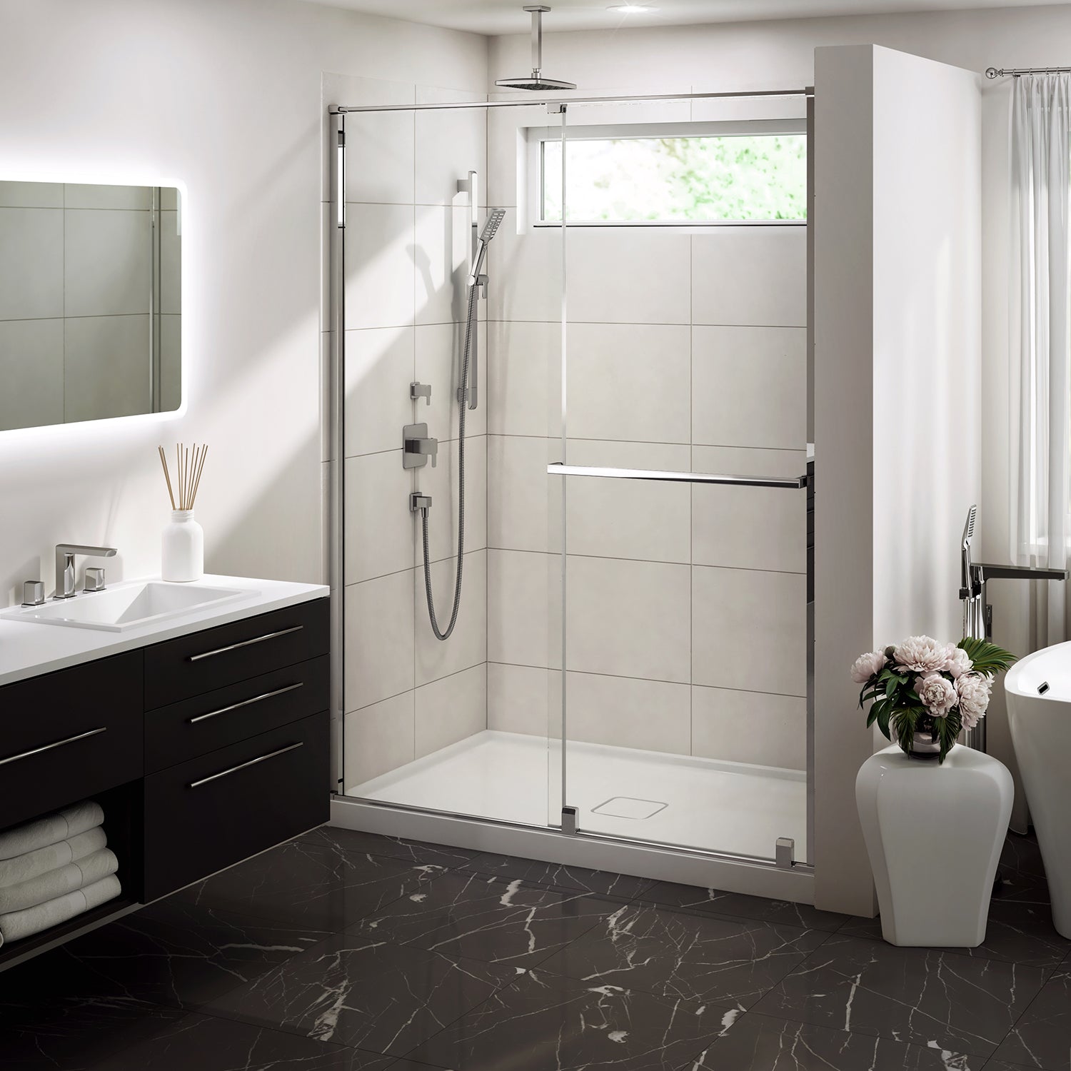 BALANCIA (Boite 2 de 2) Porte de Douche Coulissante Verre Duraclean 48''x79'' - Panneau Mobile pour Installation en Alcôve (Réversible) Chrome Brillant