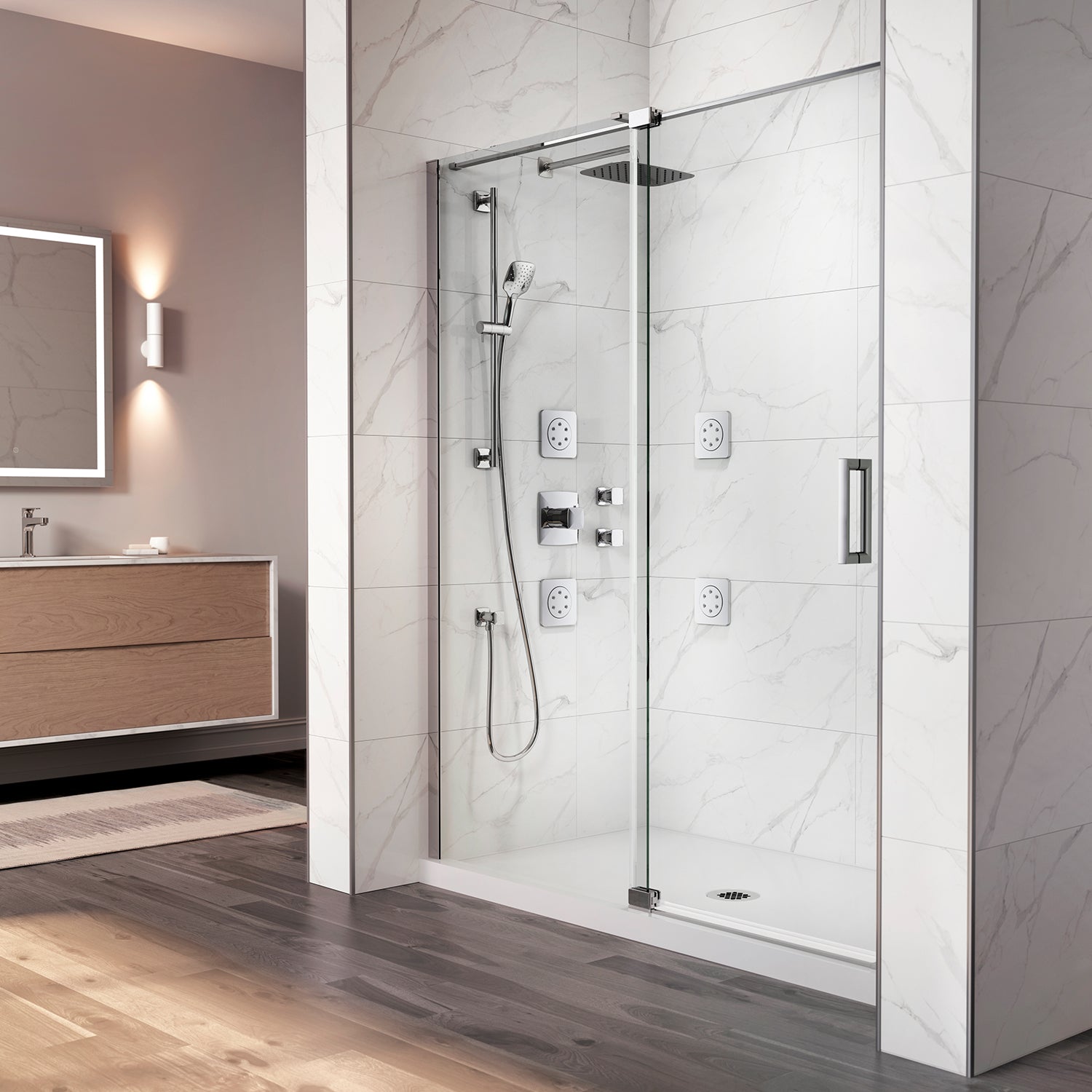 DISTINK™ avec KaliaProtek™ Porte de Douche à Pivot 2 Panneaux Verre Duraclean avec Film 60''x77'' pour Inst. en Alcôve (Réversible) Chrome