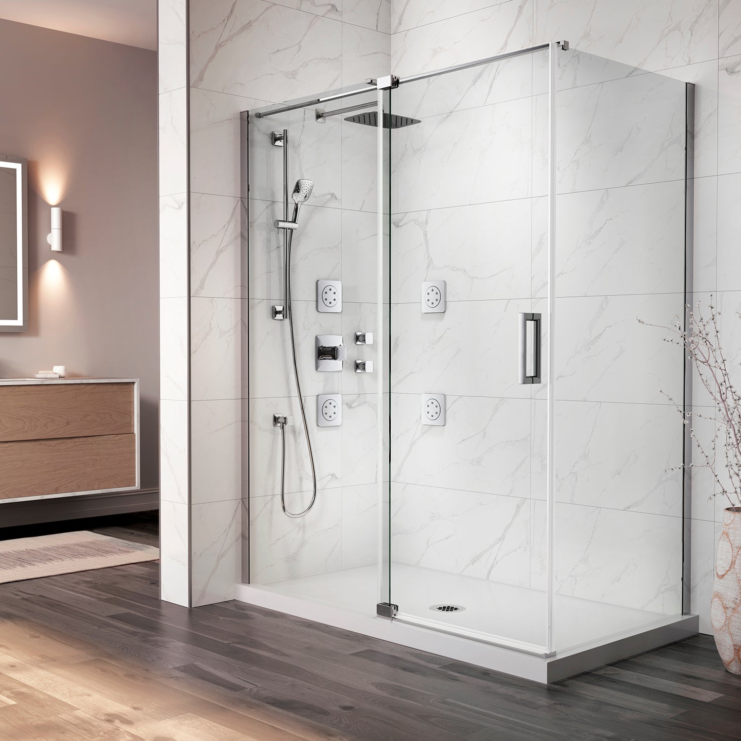 DISTINK™ avec KaliaProtek™ (Boite 1 de 2)Porte de Douche à Pivot 2 Panneaux Verre Duraclean avec Film 60''x77'' pour Inst. en Coin (Réversible) Chrome