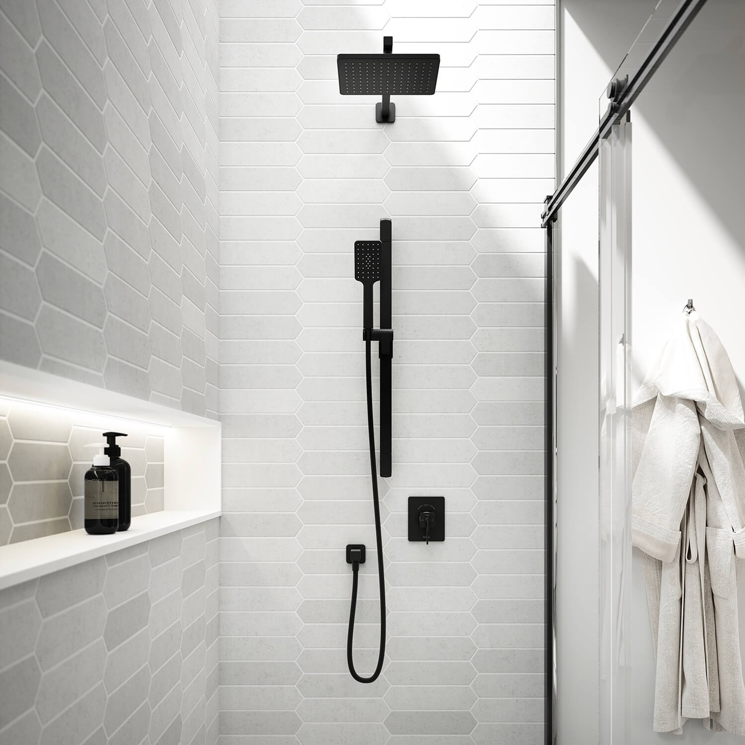 SquareOne™ TCD1 (Valve Non Incluse) : Système de Douche T/P AQUATONIK™ Coaxiale avec Bras Mural Noir Mat