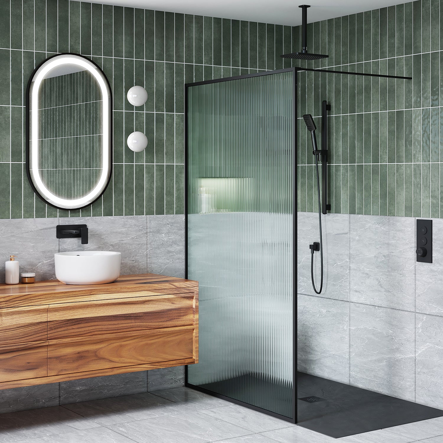 DUNE™ Écran de Douche Cadré Noir Mat avec Verre Cannelé 39" x 79" (Réversible)