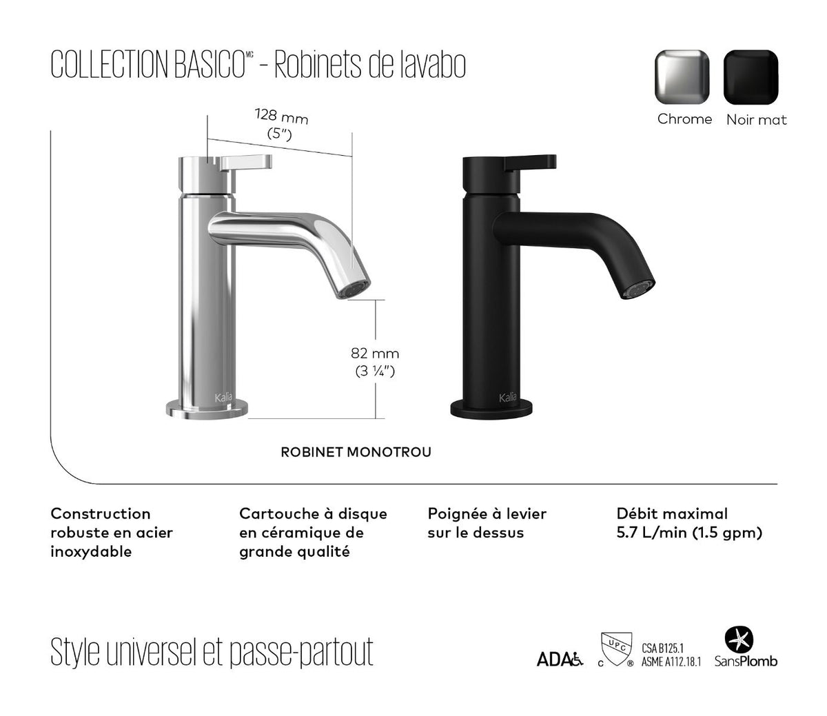 BASICO - Robinet de lavabo monotrou avec poignée à levier sur le dessus Kalia - (Sans drain)