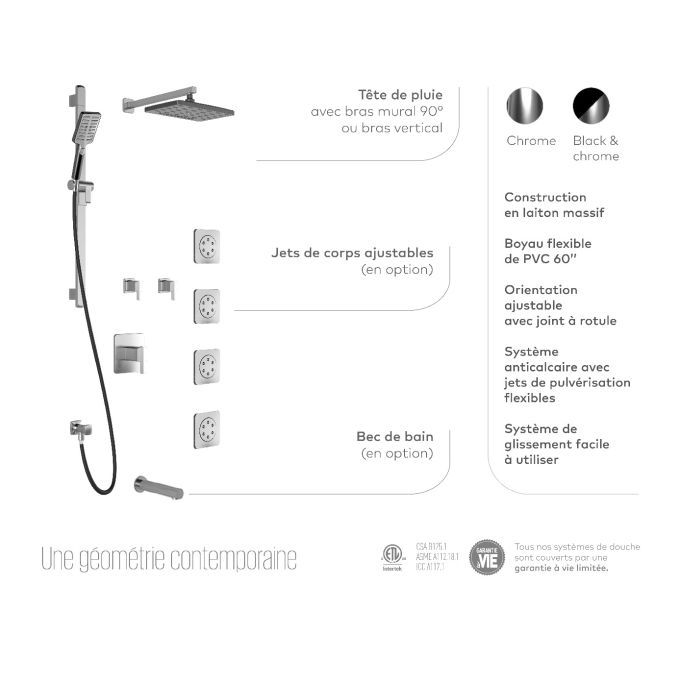 GRAFIK™ TCD1 PLUS : Système de Douche T/P AQUATONIK™ Coaxiale avec Bras Mural Chrome