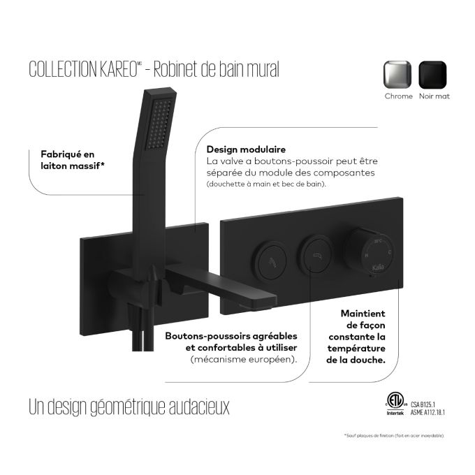 KAREO™ Robinet Mural pour Baignoire avec Valve Thermostatique 1/2''de Type T/P AQUATONIK™ à Boutons-Poussoirs 2 Voies