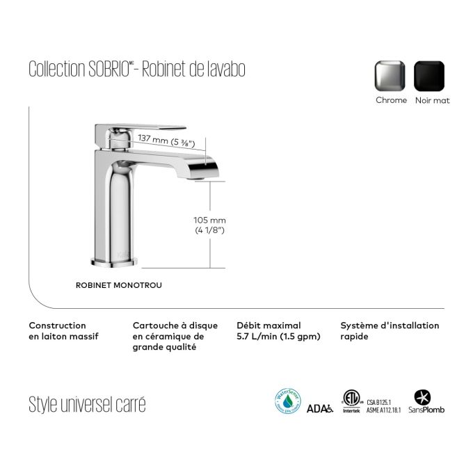 SOBRIO - Robinet de lavabo monotrou Kalia (sans drain)