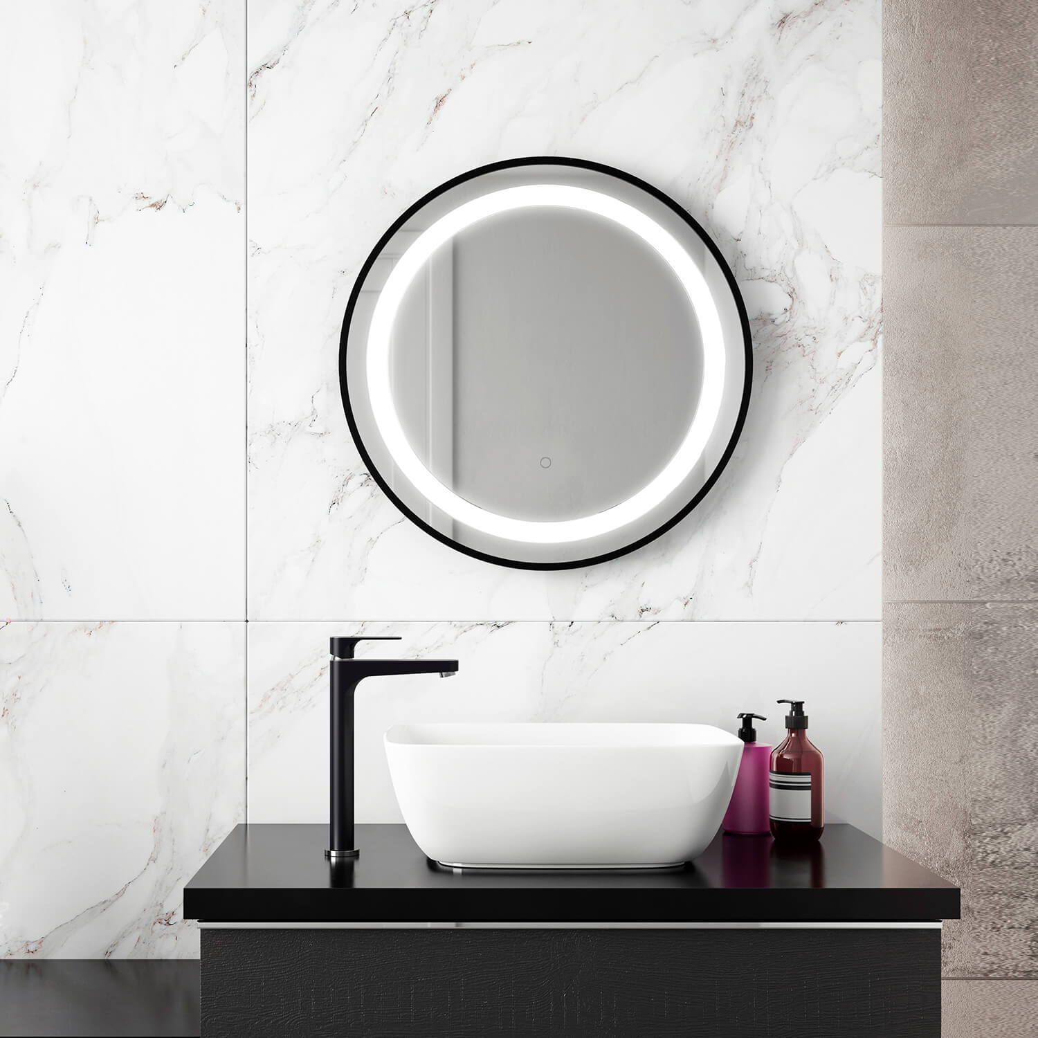 EFFECT Miroir Rond à Éclairage DEL avec Bande Givrée, Cadre Noir et Interrupteur Tactile pour Contrôle de Température de Couleur Ø24 x 1¾