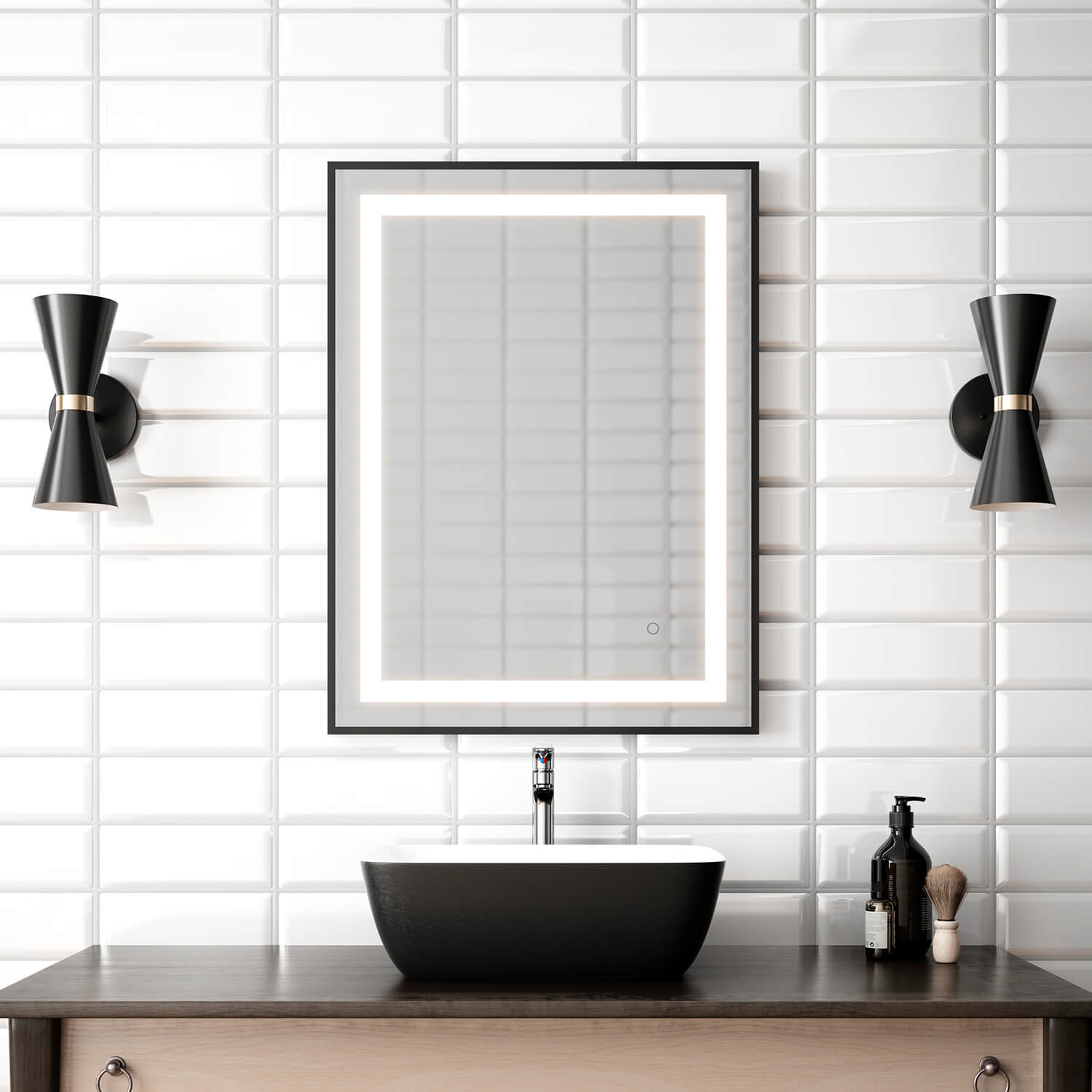 EFFECT Miroir Rectangulaire à Éclairage DEL avec Bande Givrée, Cadre Noir et Interrupteur Tactile pour Contrôle de Température de Couleur 24 x 32 x 1⅝