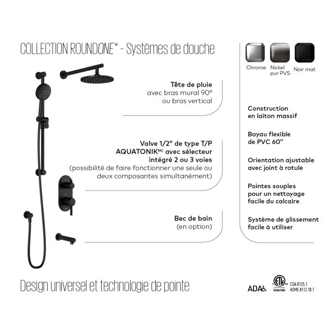 ROUNDONE TD3 Ensemble de douche avec valve  - Bras mural