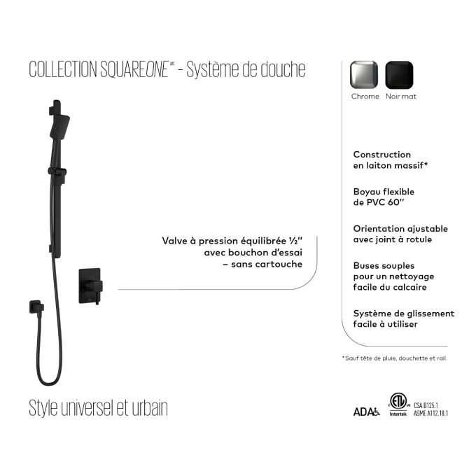 SquareOne™ PB1 (Valve Non Incluse) : Système de Douche à Pression Équilibrée avec Connexion ½ NPT
