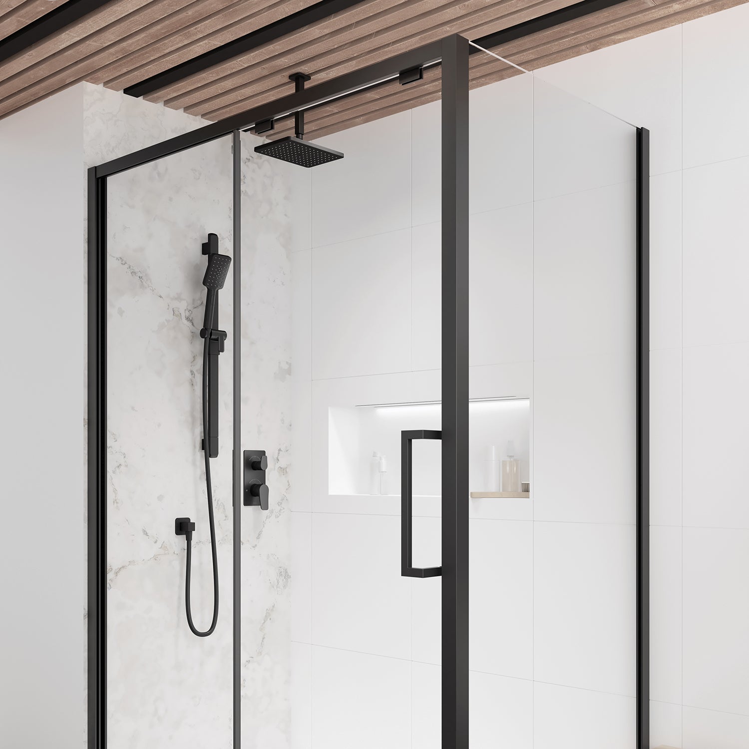 MOROKA™                        TD2 : Système de Douche T/P AQUATONIK™ et Sélecteur avec Bras Vertical Noir Mat