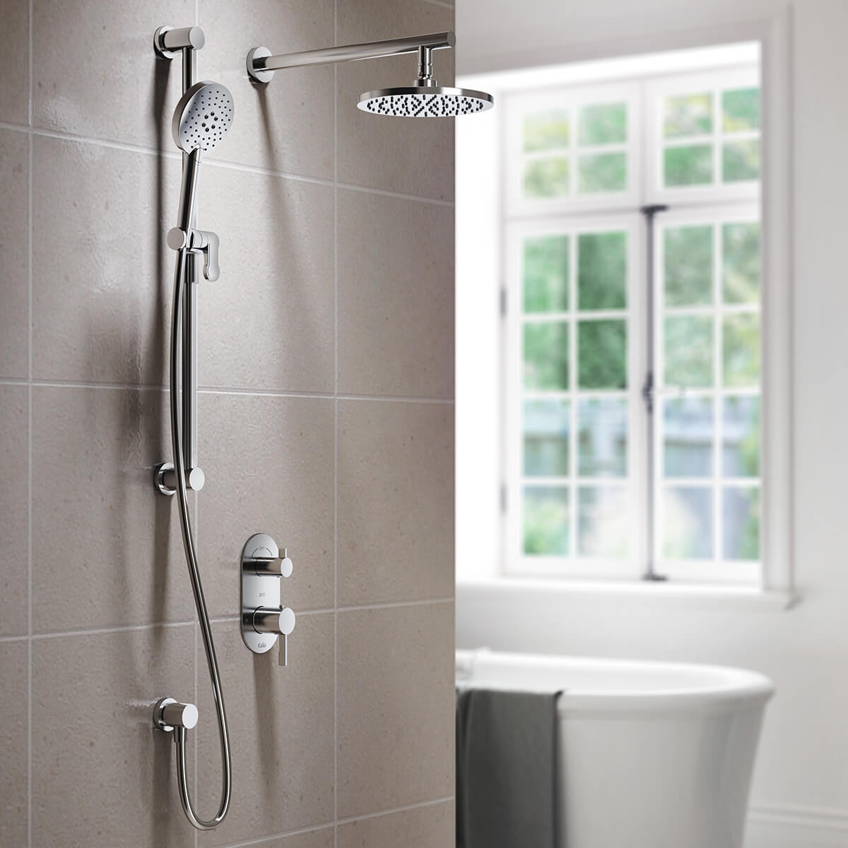 RoundOne™                      TD2 (Valve Non Incluse) : Système de Douche T/P AQUATONIK™ et Sélecteur avec Bras Mural Chrome