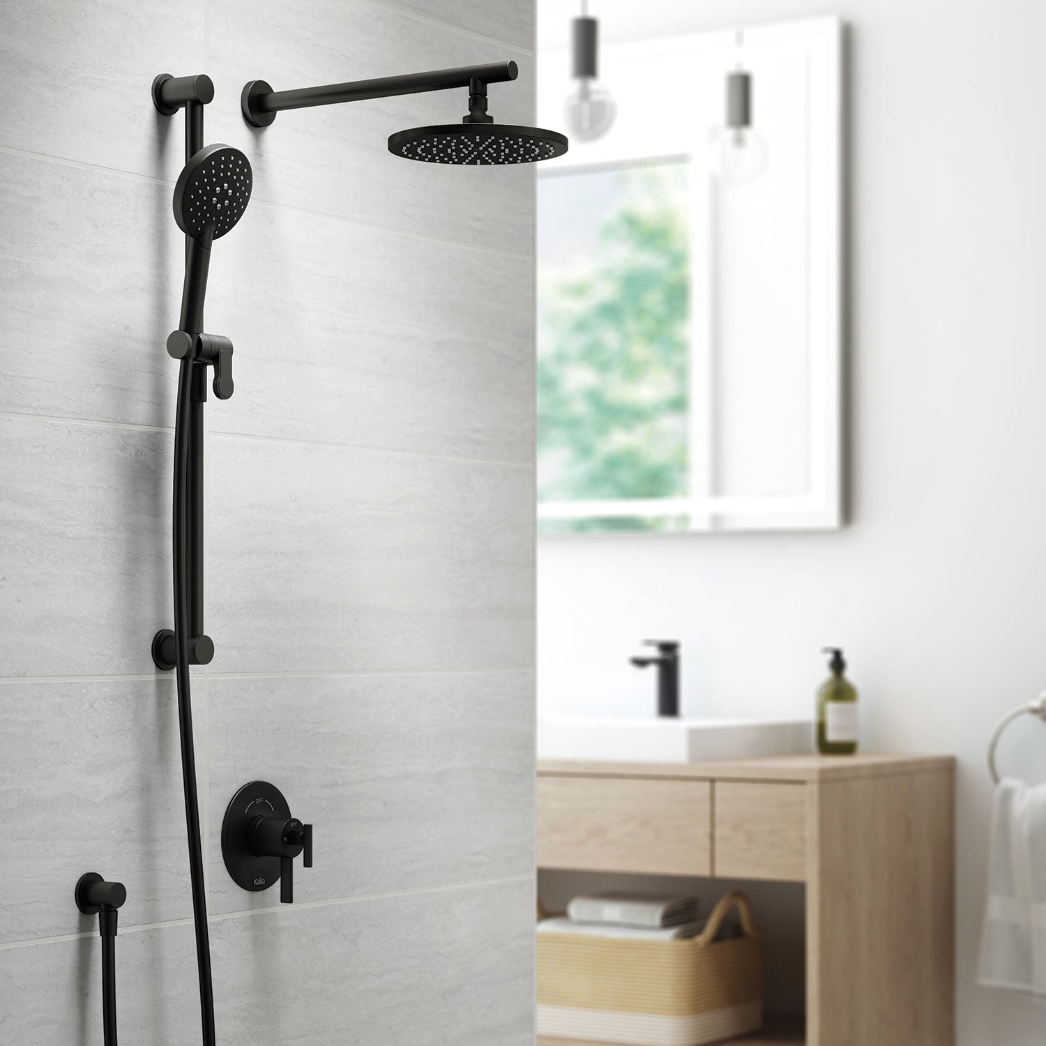 RoundOne™                      TD2 (Valve Non Incluse) : Système de Douche T/P AQUATONIK™ et Sélecteur avec Bras Mural Noir Mat
